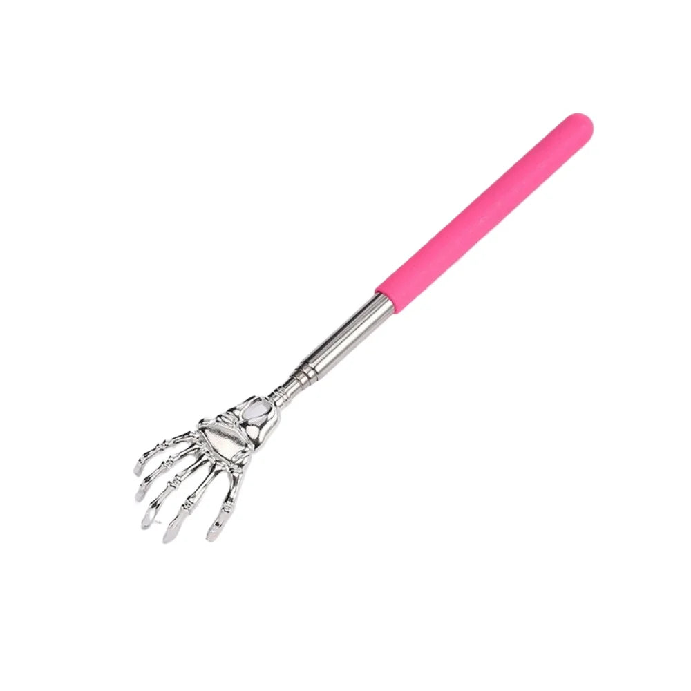A pink telescoping stainless steel back massager with a hand-like end.