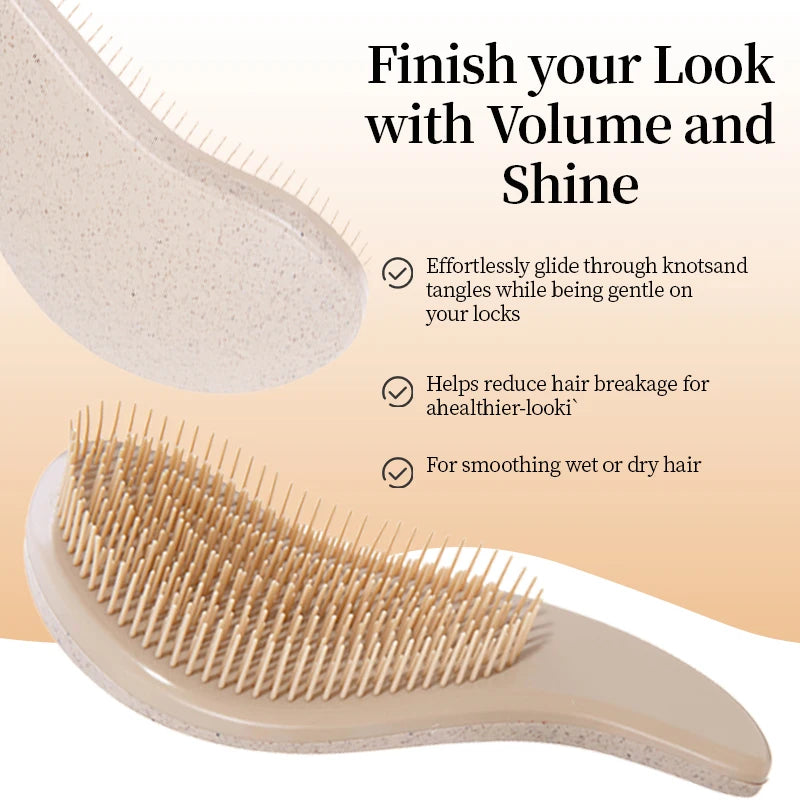 A beige anti-static detangling comb with bristles is shown alongside a cosmetic sponge, highlighting its use for smoothing we
