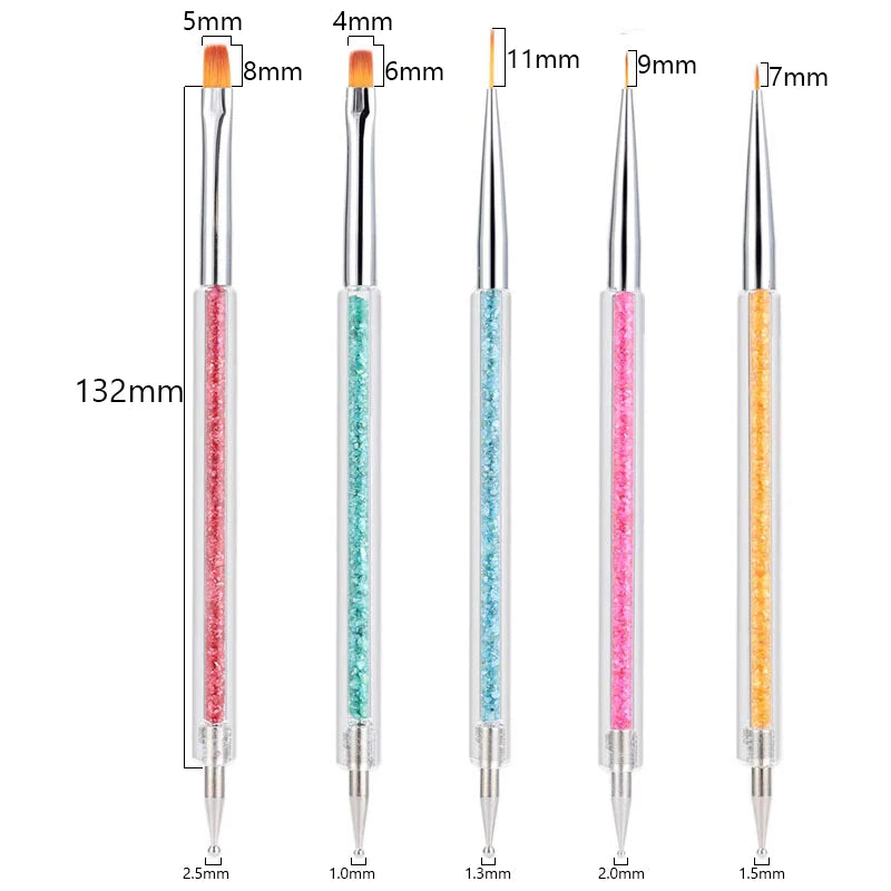 A set of precision nail art brushes with various sizes and colors for gel and acrylic polish application.