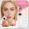 A woman is using a pink electric blackhead remover device to clean her skin, showing before and after results.