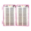 A pink cosmetic case containing 32 pairs of black false eyelashes with seamless glue application.
