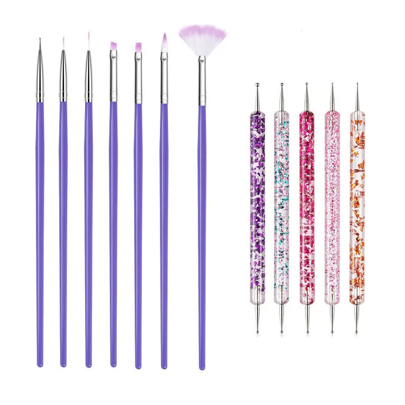 A set of precision nail art brushes with various colored bristles and handles.