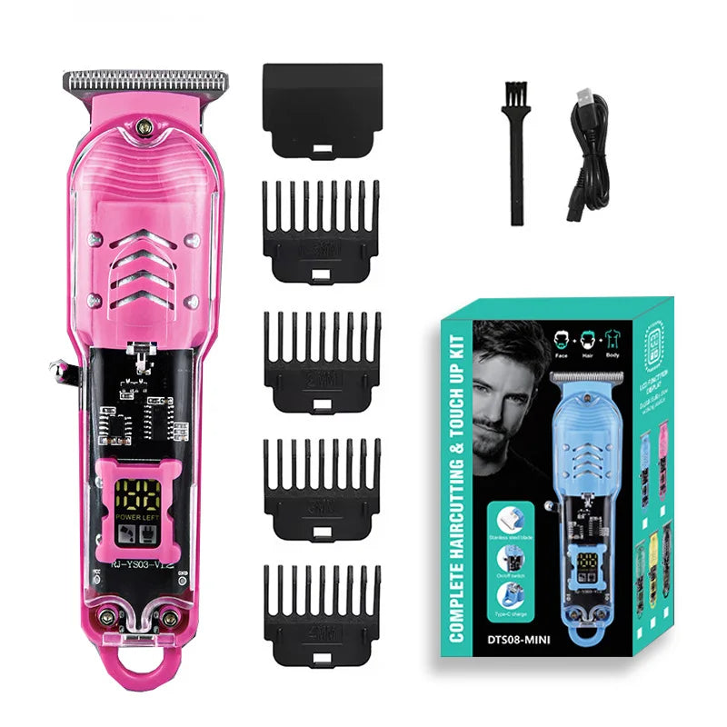 A pink professional rechargeable hair trimmer clipper and its accessories are shown.