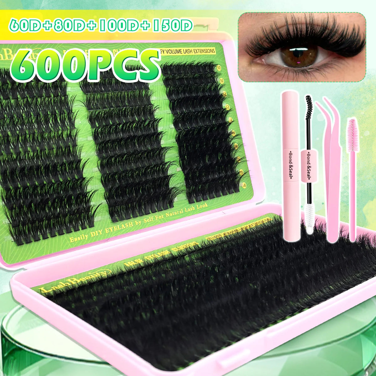 A box of 600 pairs of DIY reusable eyelash extensions in various lengths and a close-up of the lashes on an eye.