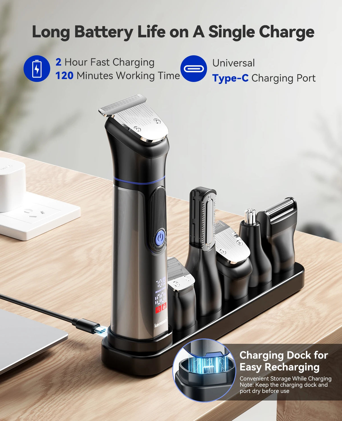 A black electric hair trimmer kit with multiple attachments is shown on a charging dock.
