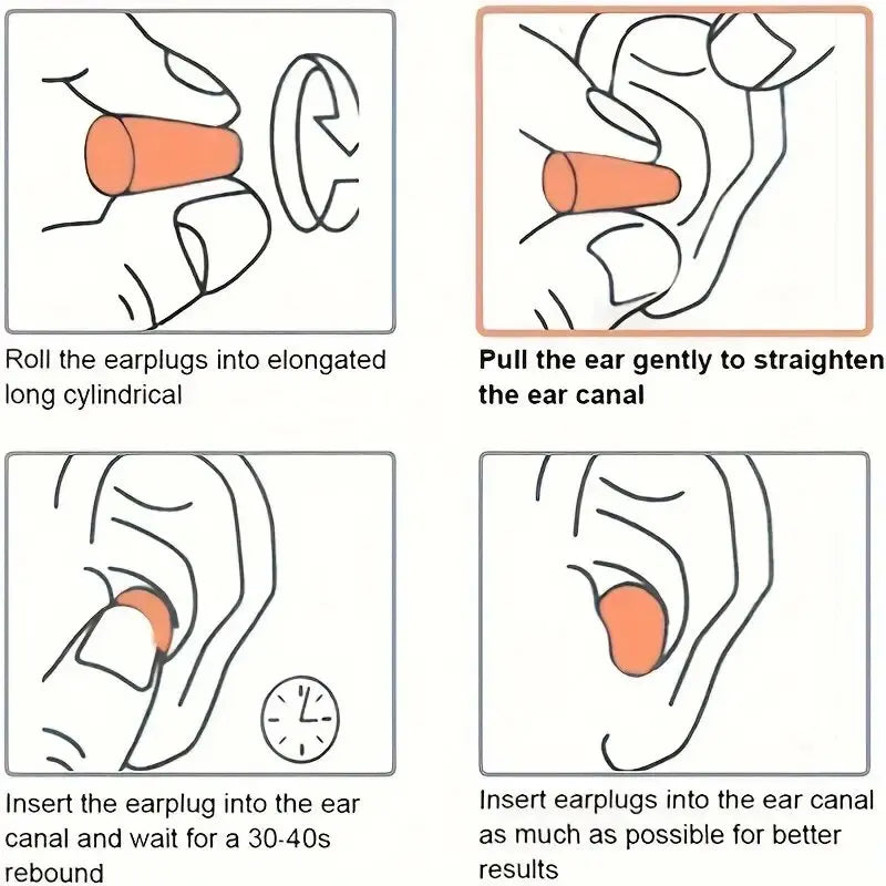 Instructions pour rouler, tirer et insérer les bouchons d'oreille anti-bruit en mousse dans le conduit auditif.