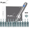 A silver Dr. pen microneedling device with multiple needle attachments shown next to the main unit.