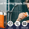 Mini electric dual floating heads shaver in black and orange colors shown being used on a man's face