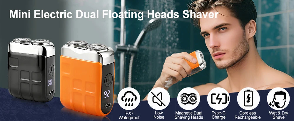 Mini electric dual floating heads shaver in black and orange colors shown being used on a man's face.
