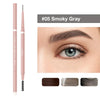 Crayon à sourcils rose dans la nuance gris fumé, montré à côté des options de teintes.
