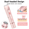 A pink dual-headed electric shaver shown in various angles, demonstrating its use for large areas and facial shaving.