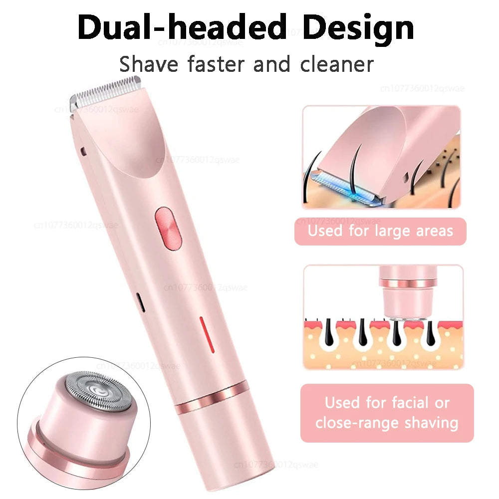A pink dual-headed electric shaver shown in various angles, demonstrating its use for large areas and facial shaving.