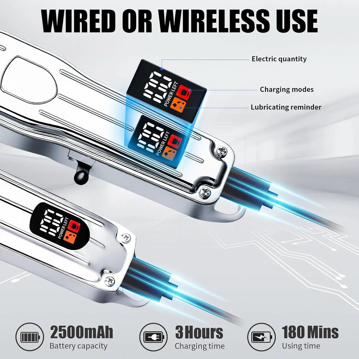 A professional cordless hair clipper trimmer set showing battery capacity, charging time, and usage time details.