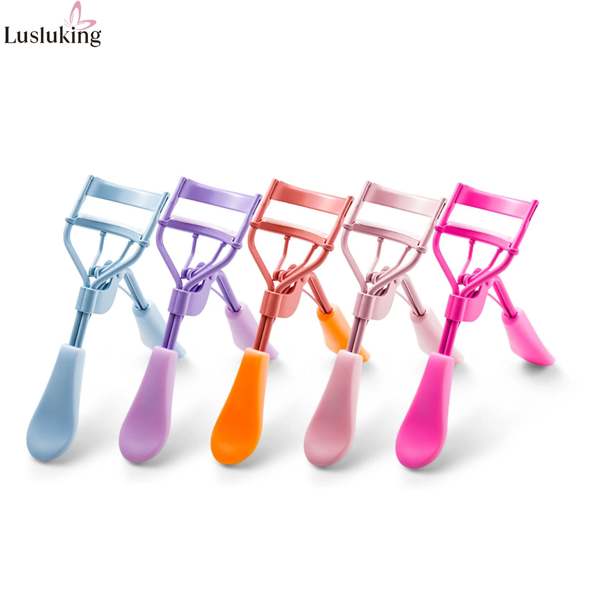 A collection of colorful precision eyelash curlers in various shades including blue, purple, orange, and pink.