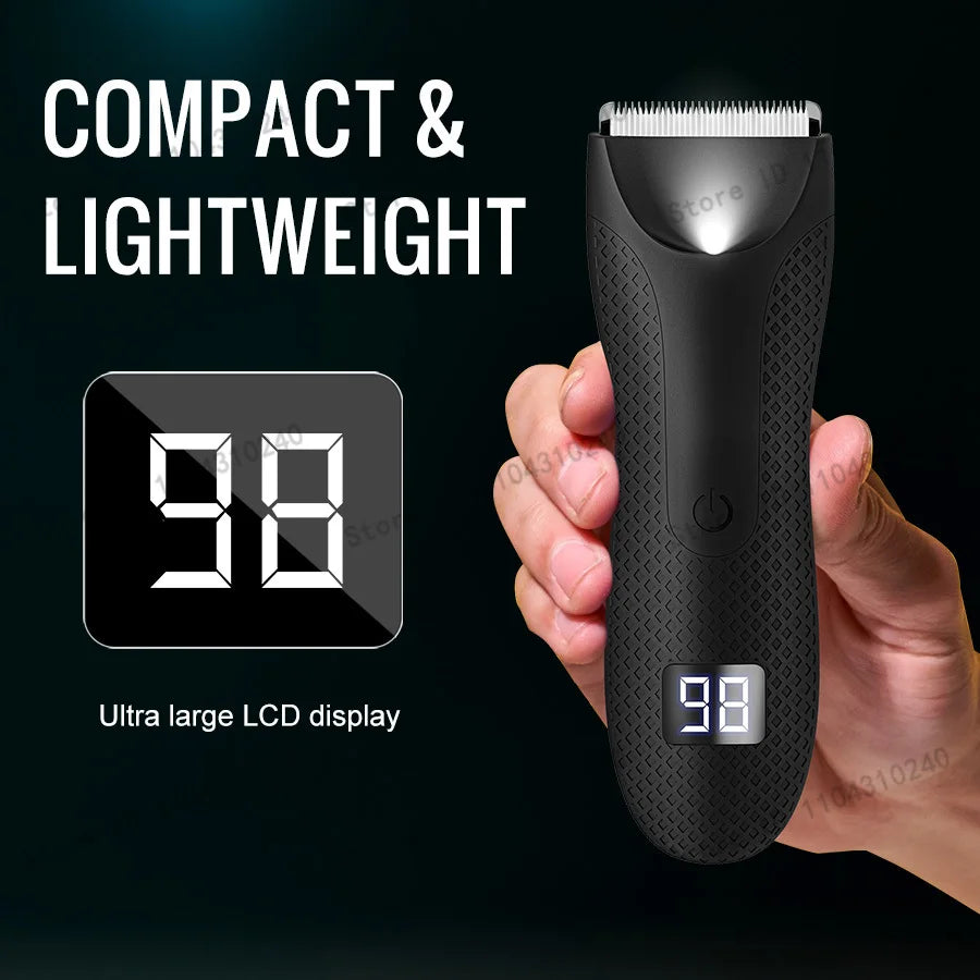 A hand holds a black professional body and personal hair trimmer with an ultra large LCD display showing 98.