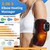 A person is using a 2-in-1 elbow heating massager on their arm, showing various massage intensity and heat therapy settings.