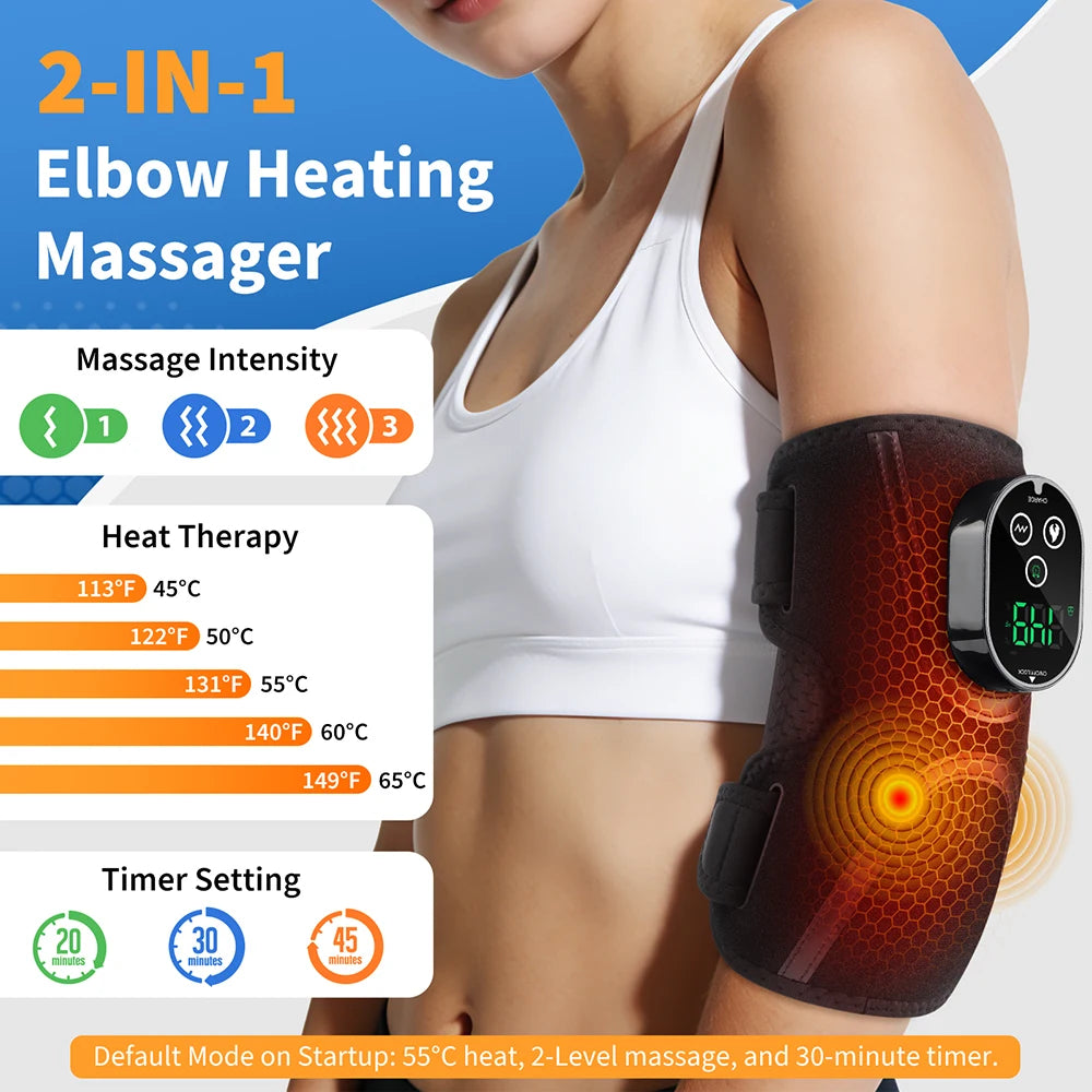 A person is using a 2-in-1 elbow heating massager on their arm, showing various massage intensity and heat therapy settings.