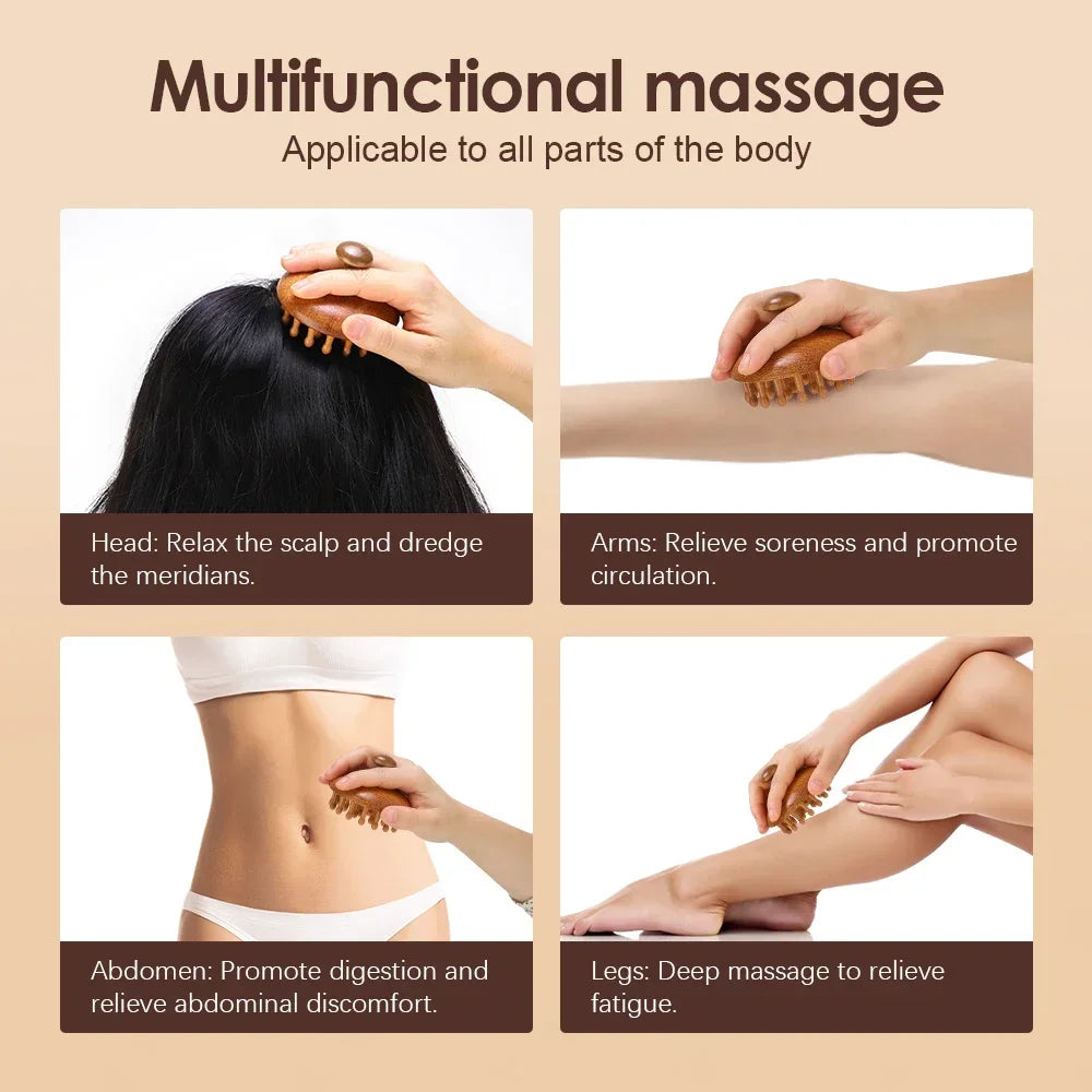 A natural sandalwood therapy massage comb being used on various parts of the body including the head, arms, abdomen, and legs