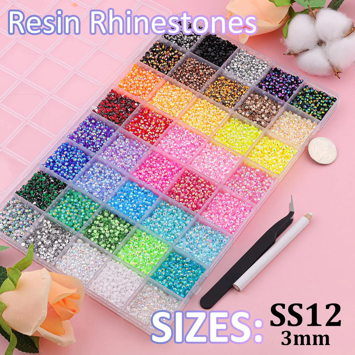 A plastic box filled with various colored resin rhinestones and glitter for nail art, labeled SS12 size 3mm.