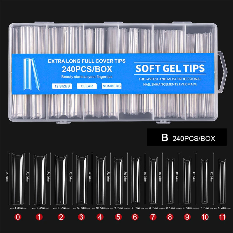 Une boîte de 240 tips full cover extra longues pour extensions d'ongles, montrant différentes tailles et numéros clairs.