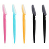 A set of five multi-use stainless steel razors in pink, light blue, yellow, gray, and black.