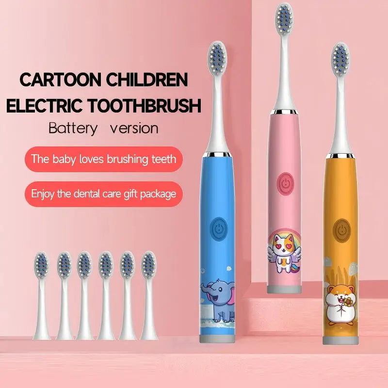 A set of cartoon children electric toothbrushes in pink and yellow colors with battery versions displayed on a wooden surface