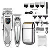 A set of Kemei professional rechargeable electric hair clippers and various attachments for trimming.