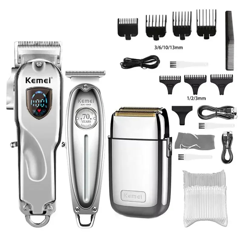 A set of Kemei professional rechargeable electric hair clippers and various attachments for trimming.