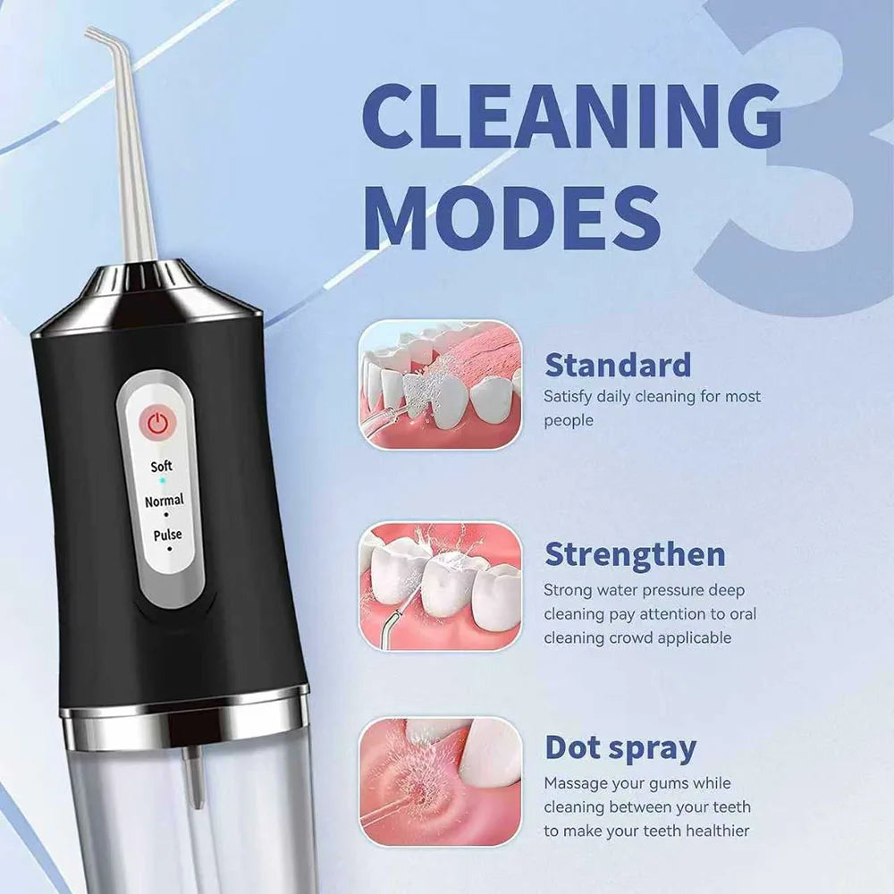 A black and silver portable dental water flosser device showing three cleaning modes: Standard, Strengthen, and Dot spray.
