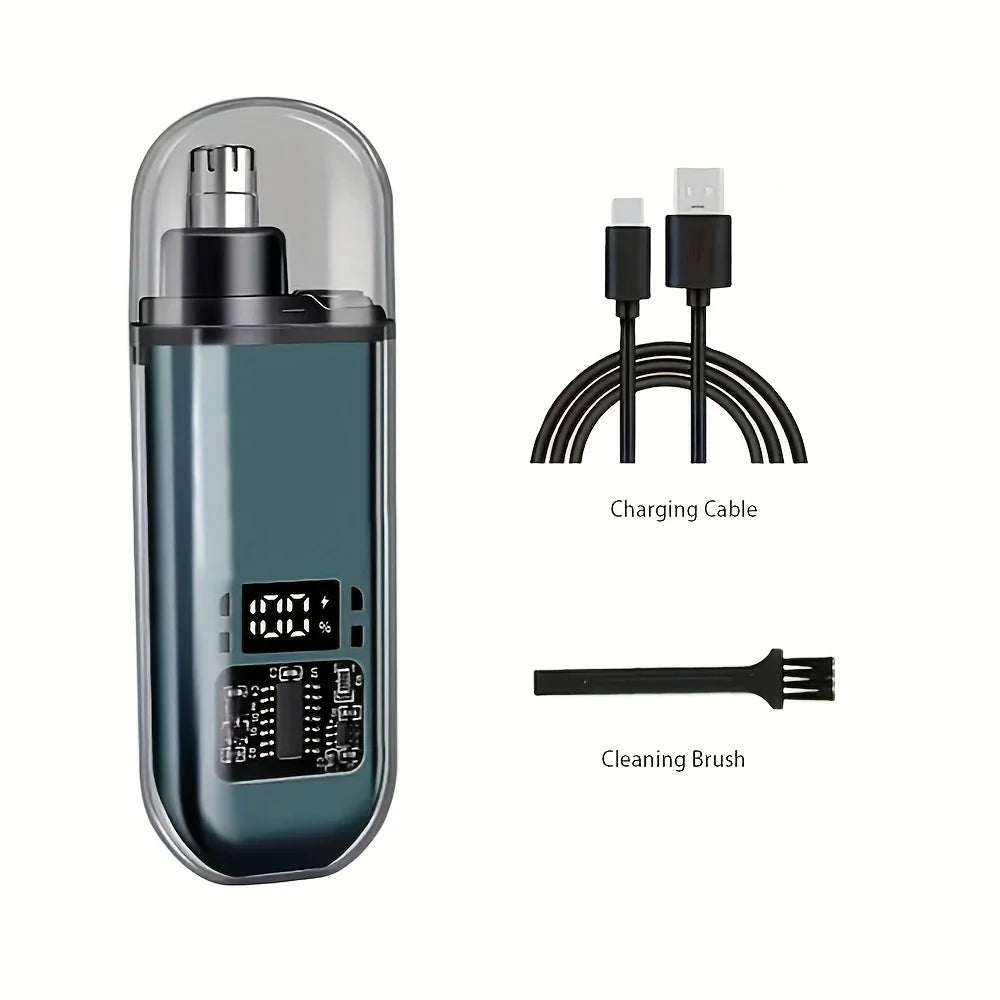 A precision electric nose and ear hair trimmer with a charging cable and cleaning brush.