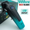 A teal VGR hair clipper with a black body and blade, featuring a LED display, is shown next to its packaging.