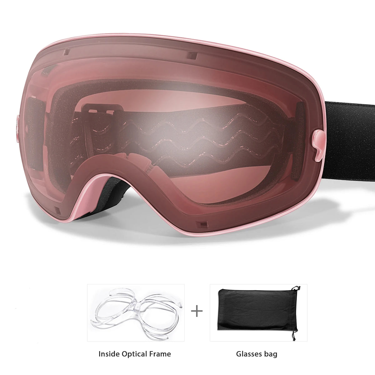 A pink sports goggle with a clear lens shown alongside its inside frame and storage bag.
