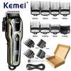 A Kemel 80 power cordless hair trimmer with various guard attachments and accessories shown in a box.