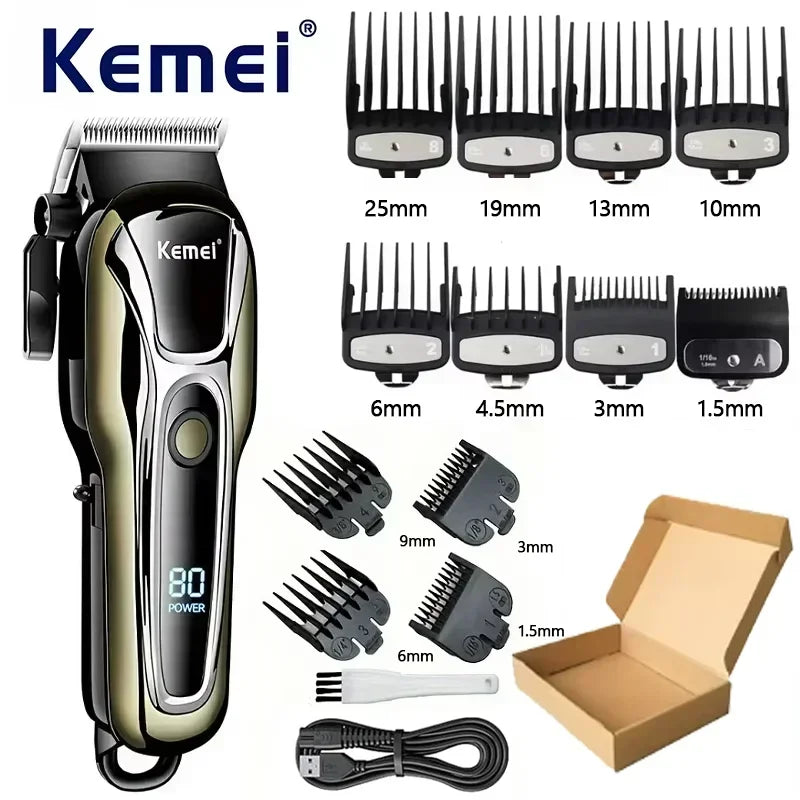 A Kemel 80 power cordless hair trimmer with various guard attachments and accessories shown in a box.