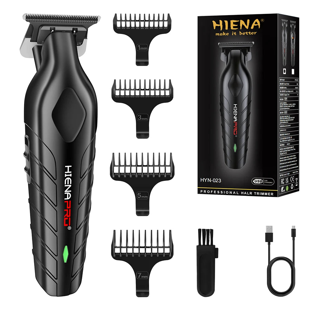 A set of professional hair trimmers and accessories for a Hiena Pro cordless hair trimmer.