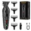 A set of professional hair trimmers including a main unit, various guard attachments, and charging cable.