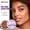 A woman applies Lakerain Set and Bake Powder to her face, showing the product packaging and application.