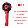A red electric scalp massage comb with a rotating head and digital display, featuring 5 massage modes and LED lights.