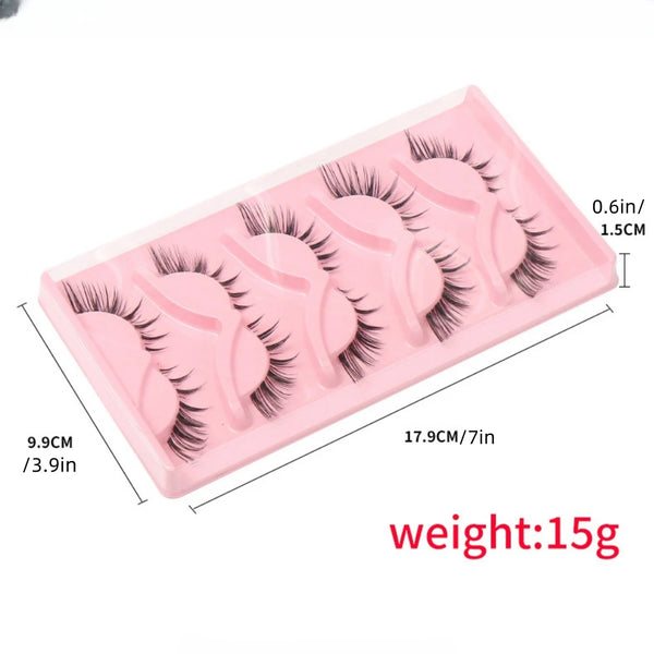 A pink set of D-roll false eyelashes packaged in a plastic tray with measurements provided.