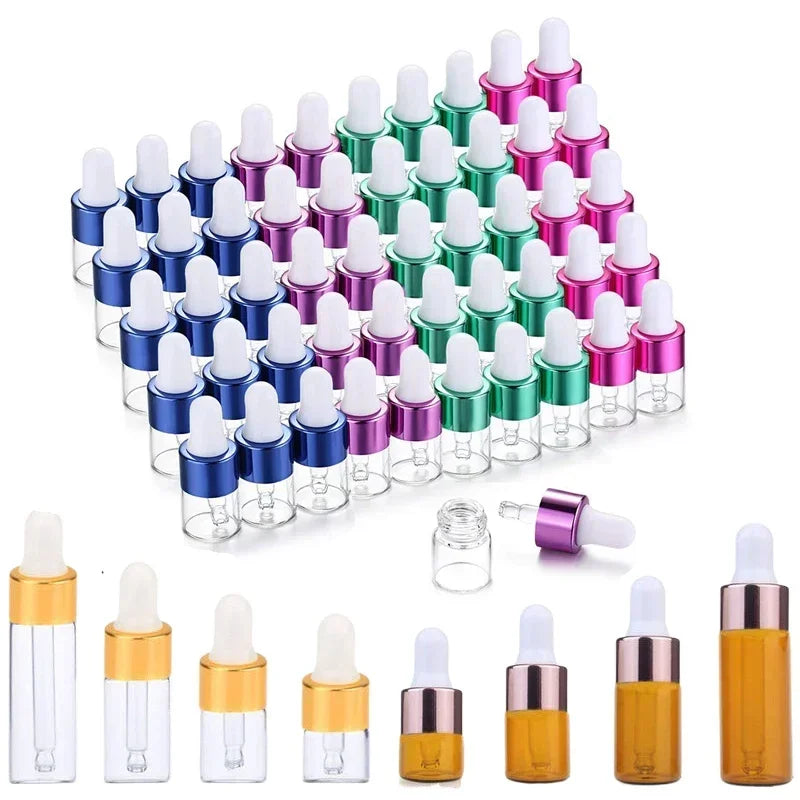 A set of ten glass dropper bottles in various shades of purple and gold for essential oils and samples.