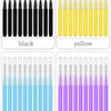A set of precision eyebrow and lash brushes in black, yellow, blue, and purple.