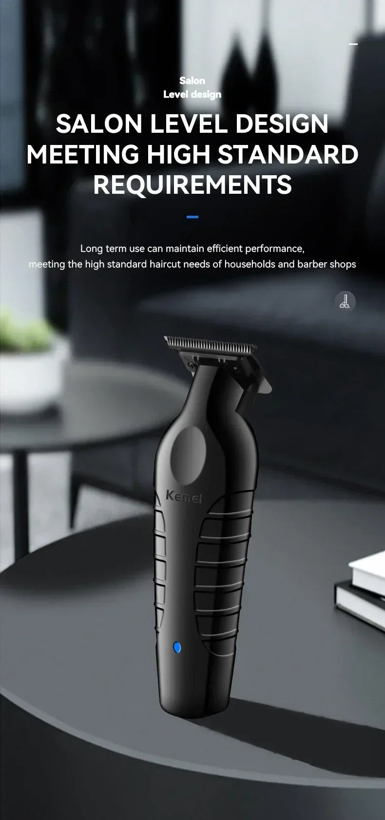 A black professional electric hair trimmer and clipper is shown on a dark table surface.
