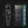 A black Hatteker HT-6105 professional hair clipper shown with its box and dimensions.
