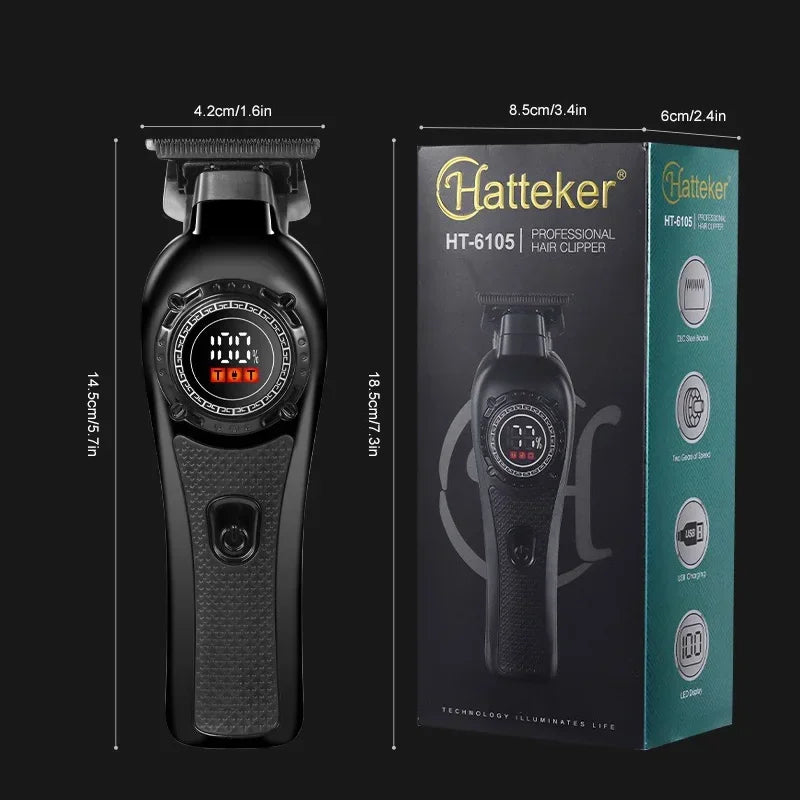 A black Hatteker HT-6105 professional hair clipper shown with its box and dimensions.