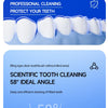 A close-up of a white U-shaped silicone toothbrush designed for professional cleaning and a scientific 58 degree angle.
