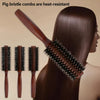 A dark brown hair model shows several pig bristle combs used for heat-resistant curling and styling.