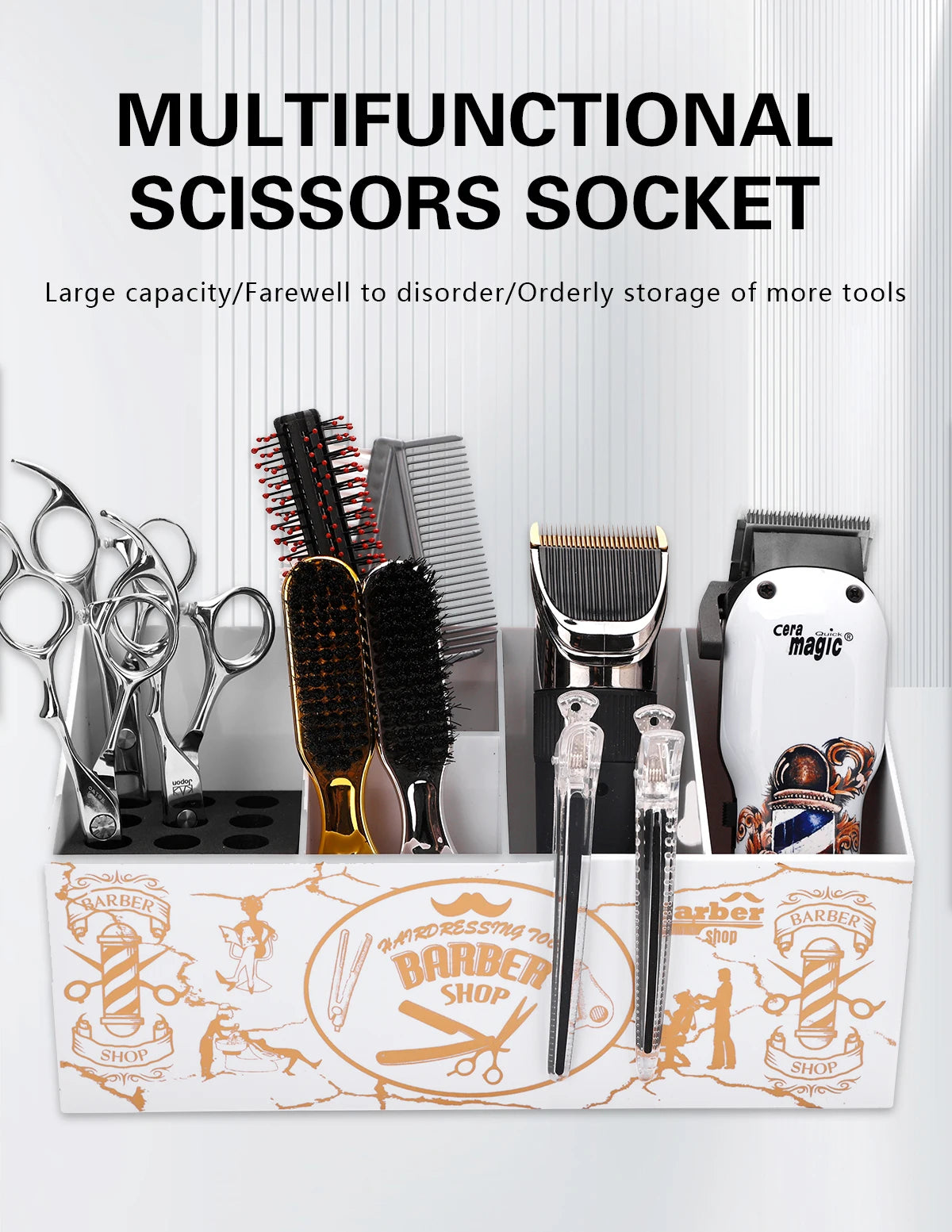 A multifunctional scissors socket storage case holding various hairdressing tools including scissors, combs, and clips.