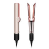A professional 2-in-1 hair straightener in rose gold and black is shown standing upright.