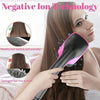 A woman is using a black and pink hair tool on her long brown hair, demonstrating negative ion technology for hair care.
