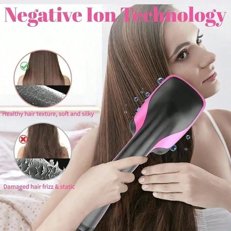 A woman is using a black and pink hair tool on her long brown hair, demonstrating negative ion technology for hair care.